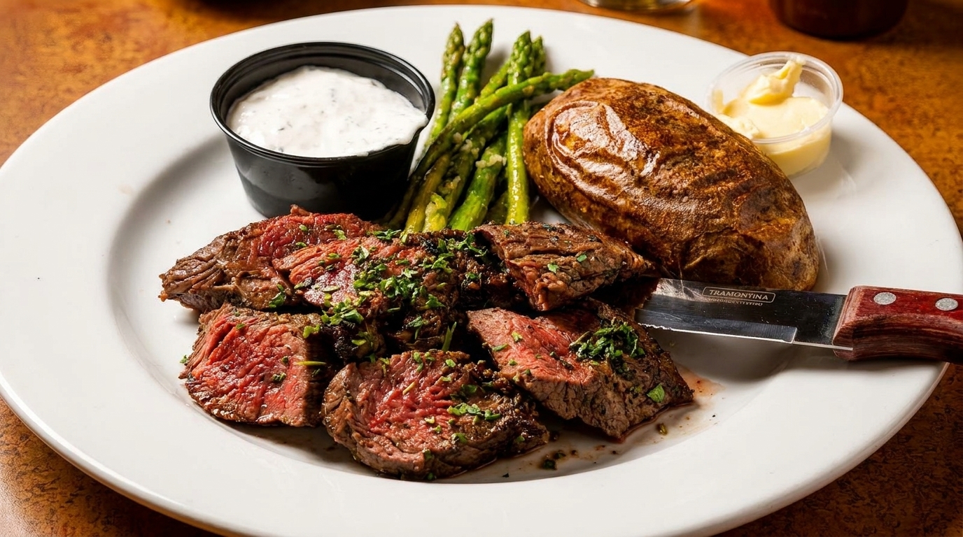 Sliced steak with asparagus, a baked potato, and dipping sauces on a white plate.