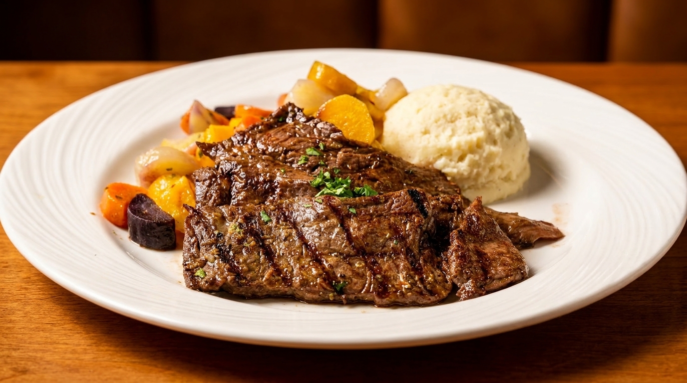 Grilled steak with roasted vegetables and a scoop of mashed potatoes on a white plate.