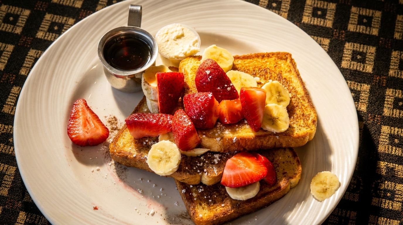 Golden French toast topped with fresh strawberries, banana slices, powdered sugar, and a side of syrup.