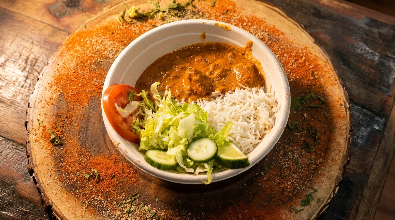 Chicken tikka masala with rice and a side salad in a bowl on a wooden board.
