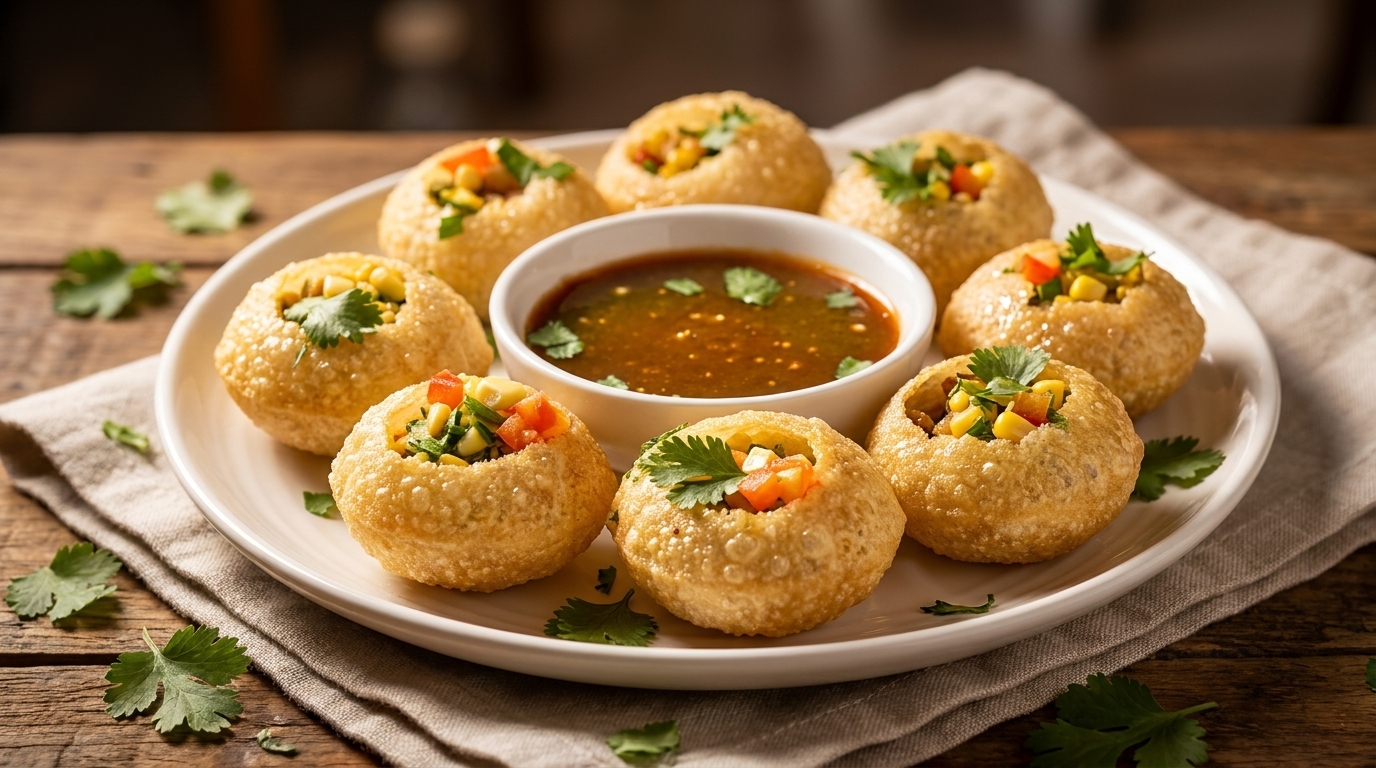 Crispy pani puri shells filled with corn, vegetables, and cilantro, served with a dipping sauce.