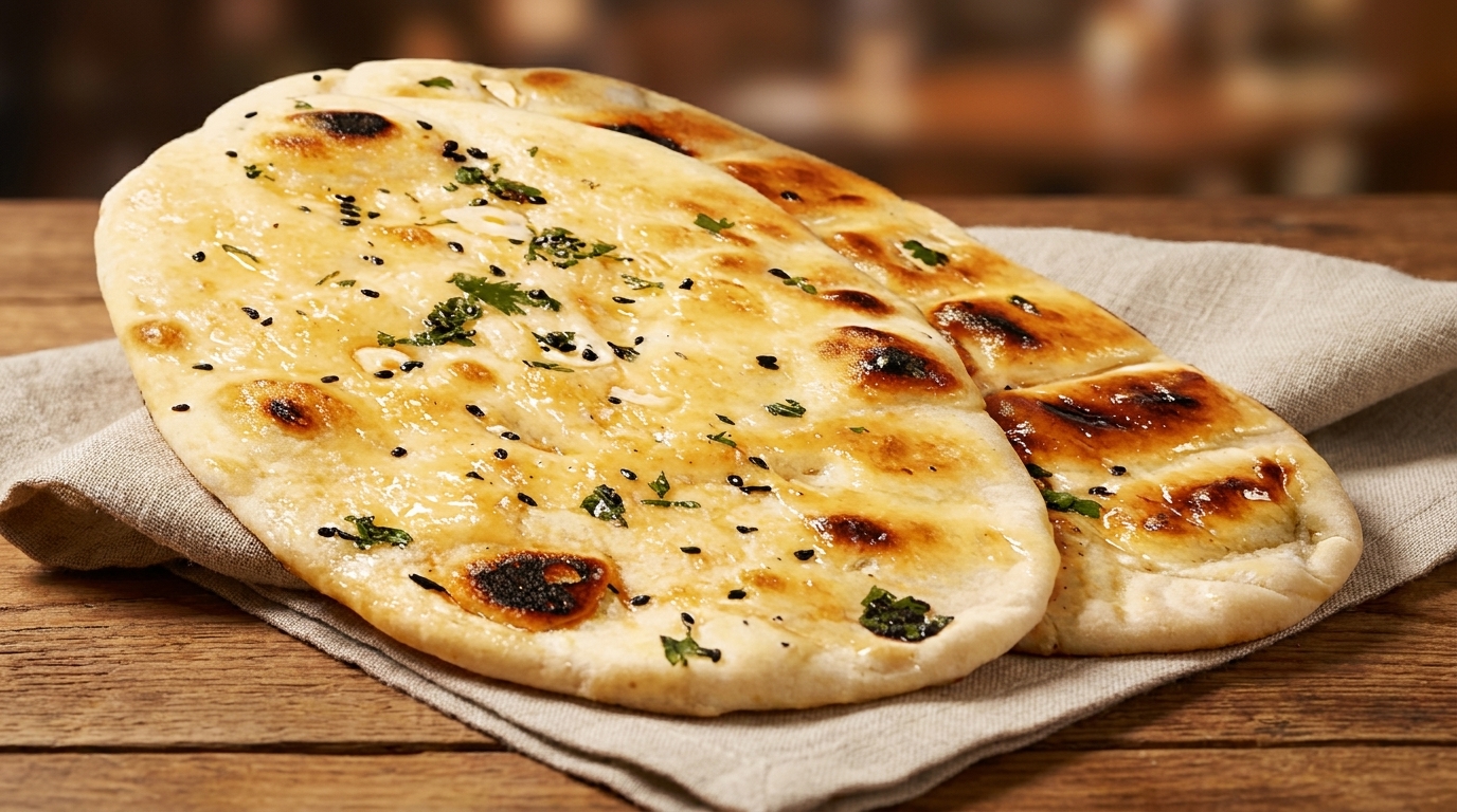 Two pieces of golden-brown naan bread, garnished with herbs and black sesame seeds, on a linen napkin.