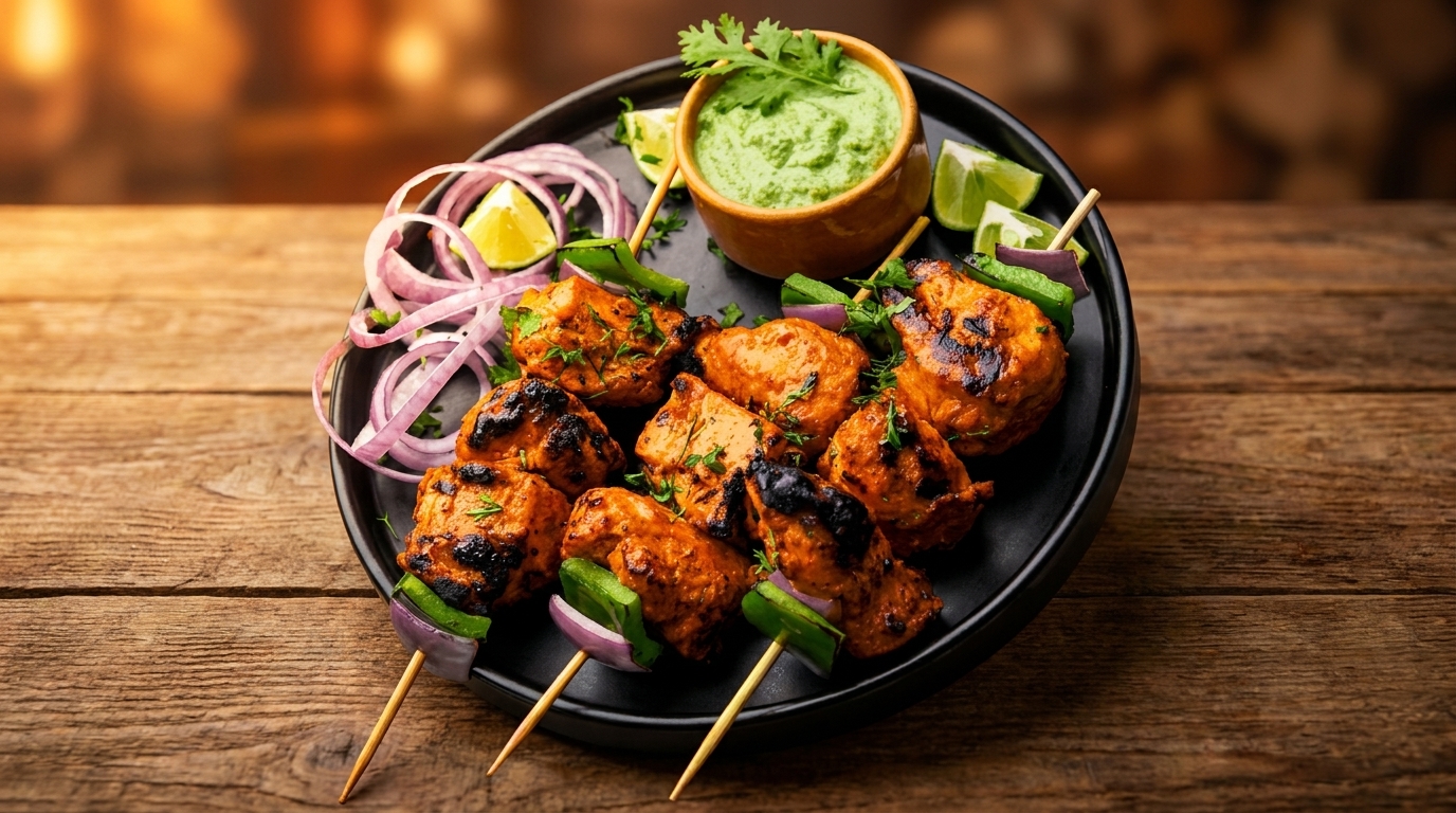 Grilled chicken tikka skewers with green chutney, lime, and red onion on a black plate.