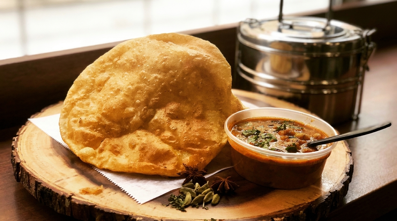 Golden fried puri bread with a side of chana masala, spices, and a tiffin carrier.