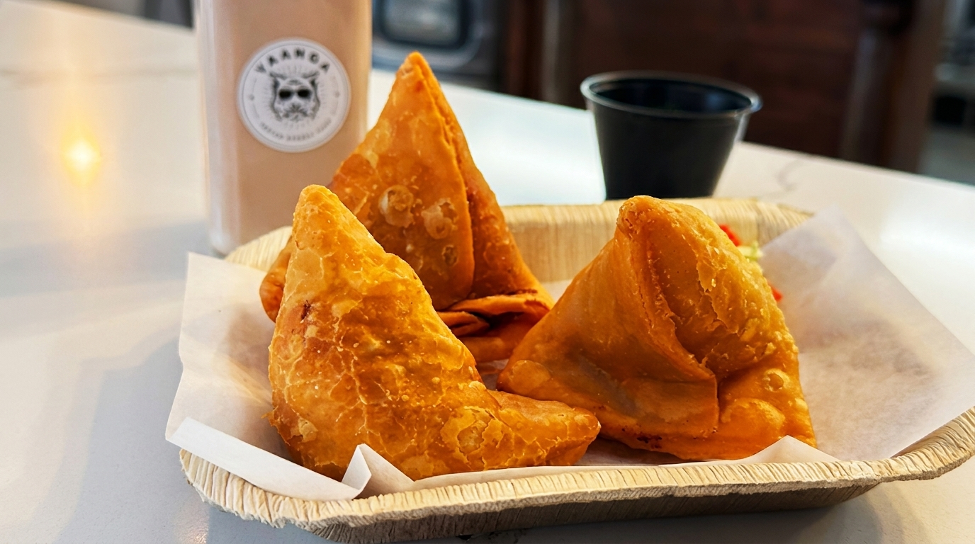 Three golden-brown samosas served on a paper-lined tray with a drink in the background.