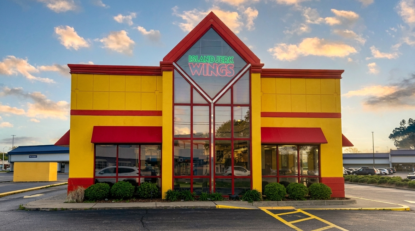Island Jerk Wings restaurant exterior, a vibrant yellow building with red trim and awnings under a cloudy sky.