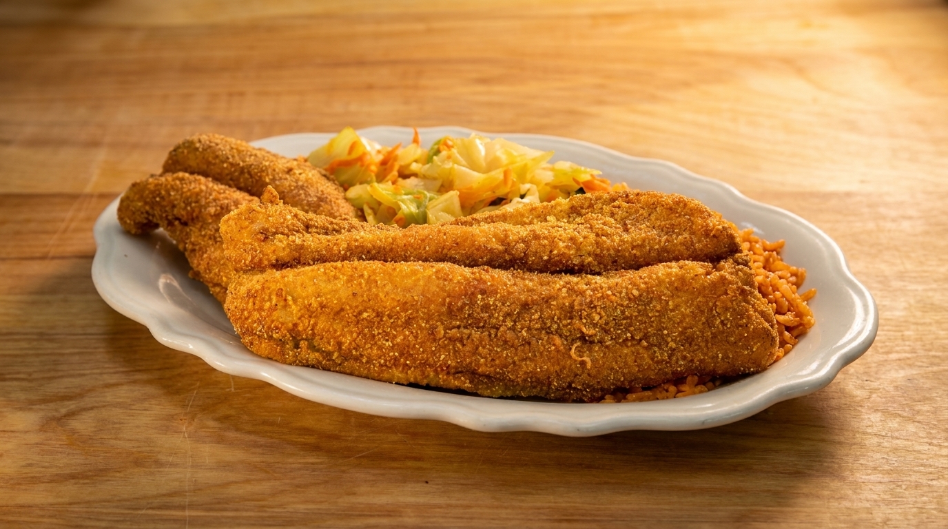 Fried fish fillets with rice and cabbage on a white plate, on a wooden table.