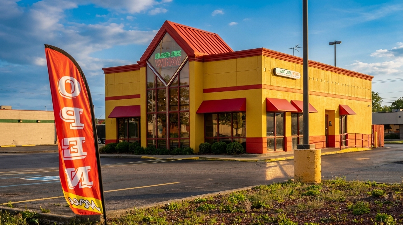 An "OPEN" flag stands before the yellow and red Island Jerk Wings restaurant under a blue sky.