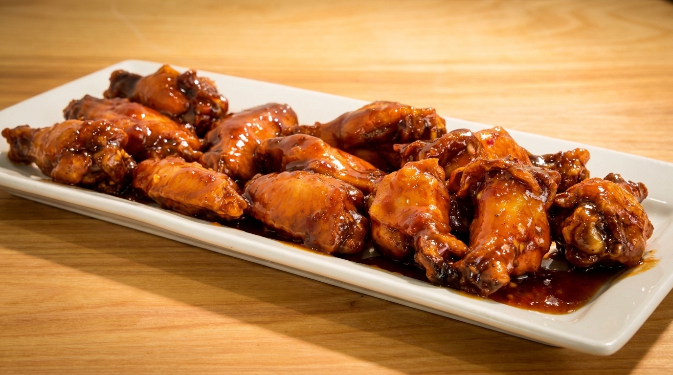 A white rectangular platter filled with glistening, saucy chicken wings on a wooden table.
