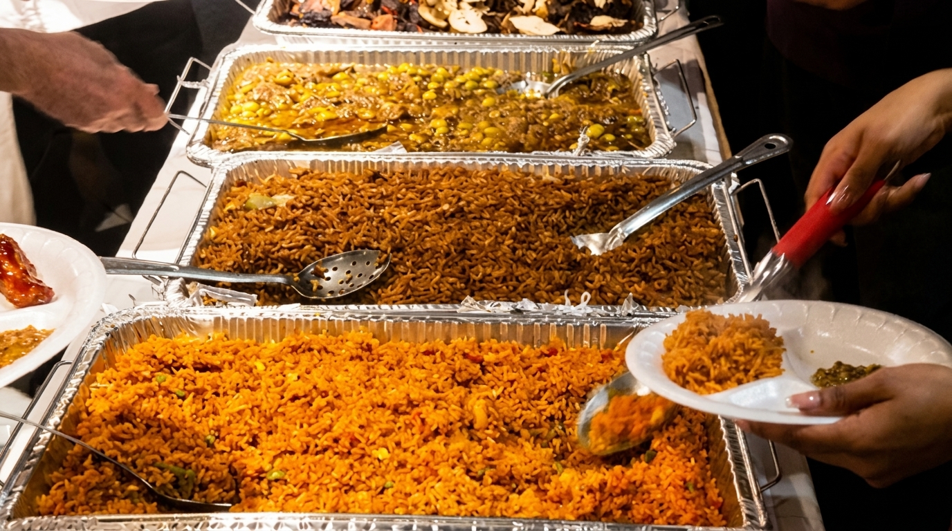 Buffet line with large trays of rice and other dishes, people serving themselves.