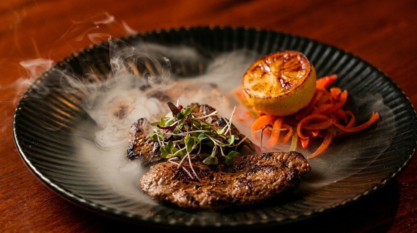 Grilled meat with microgreens, charred lemon, and shredded carrots on a dark plate with smoke.