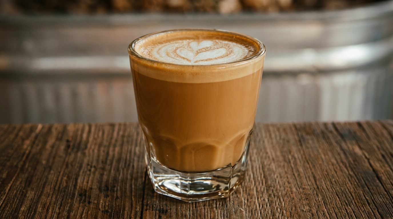 A glass of latte with heart-shaped latte art sits on a rustic wooden table.