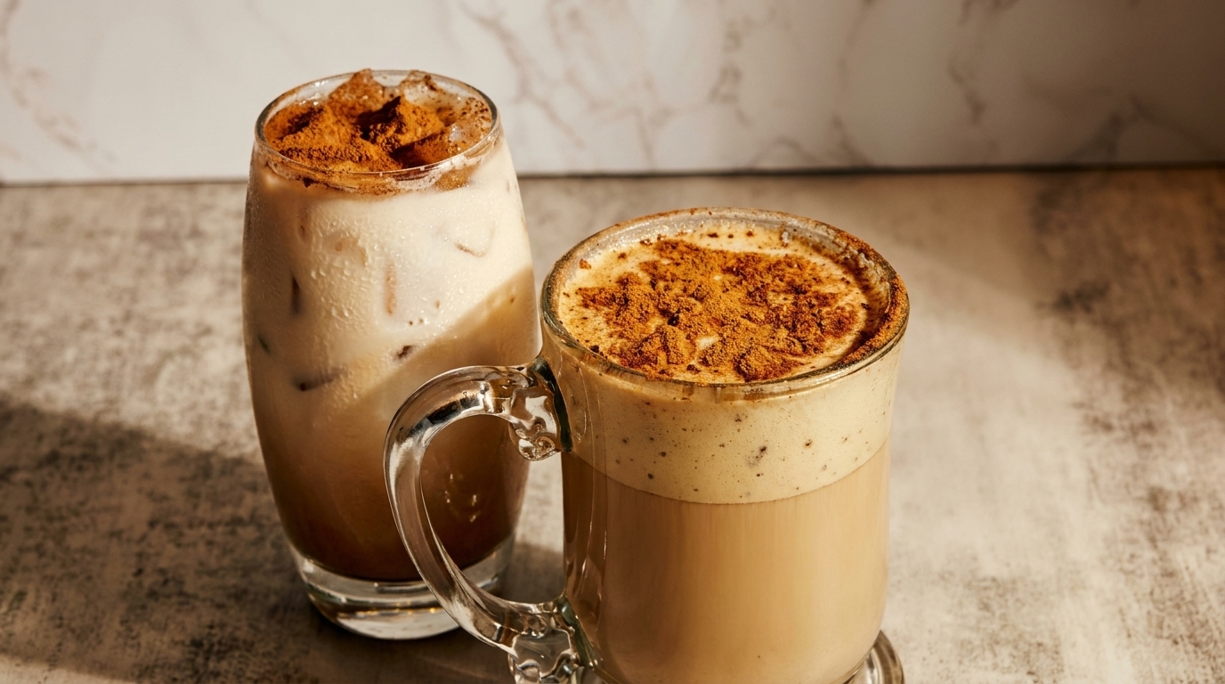 Two drinks, one iced and one hot, both topped with cinnamon, on a marble surface.