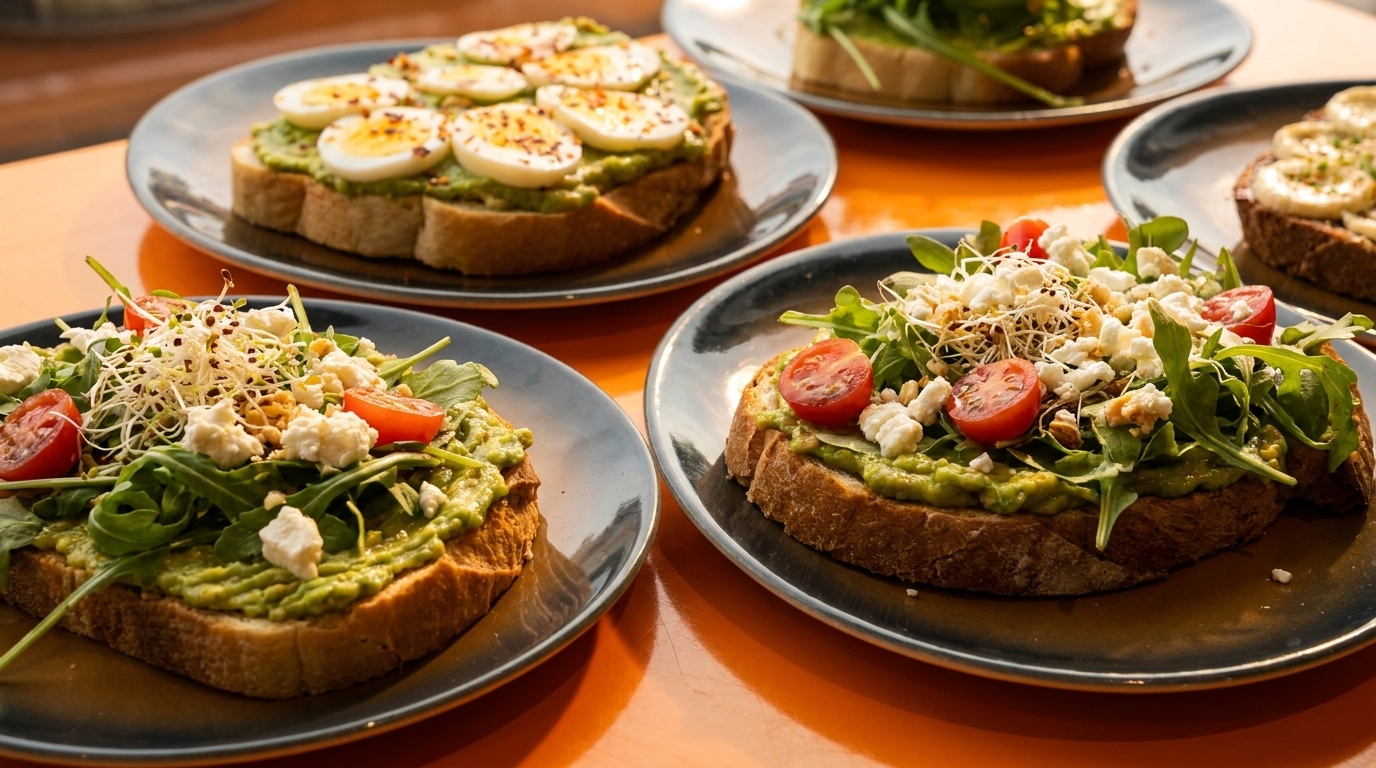 Multiple plates of avocado toast with various toppings like eggs, tomatoes, feta, and sprouts.