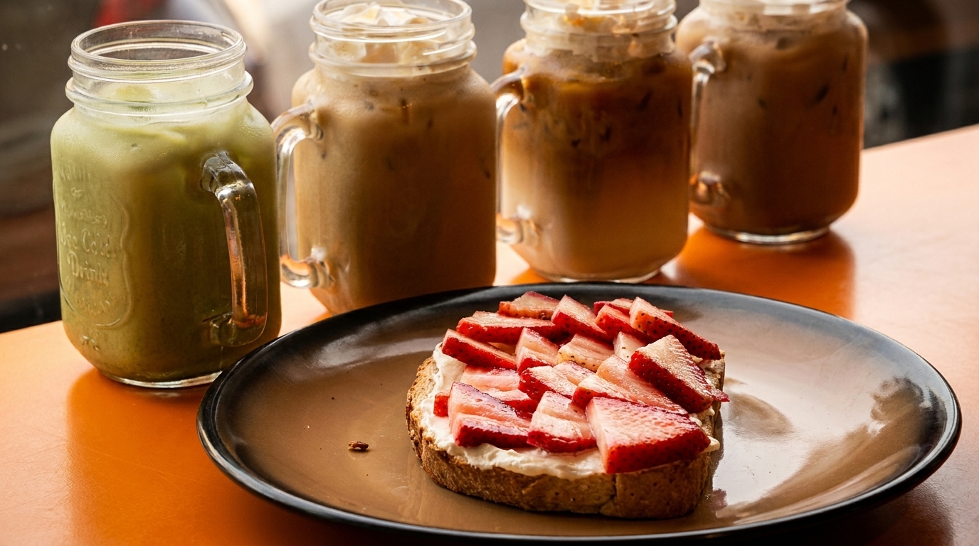 Strawberry toast with cream cheese on a black plate, next to four iced drinks in mason jars.