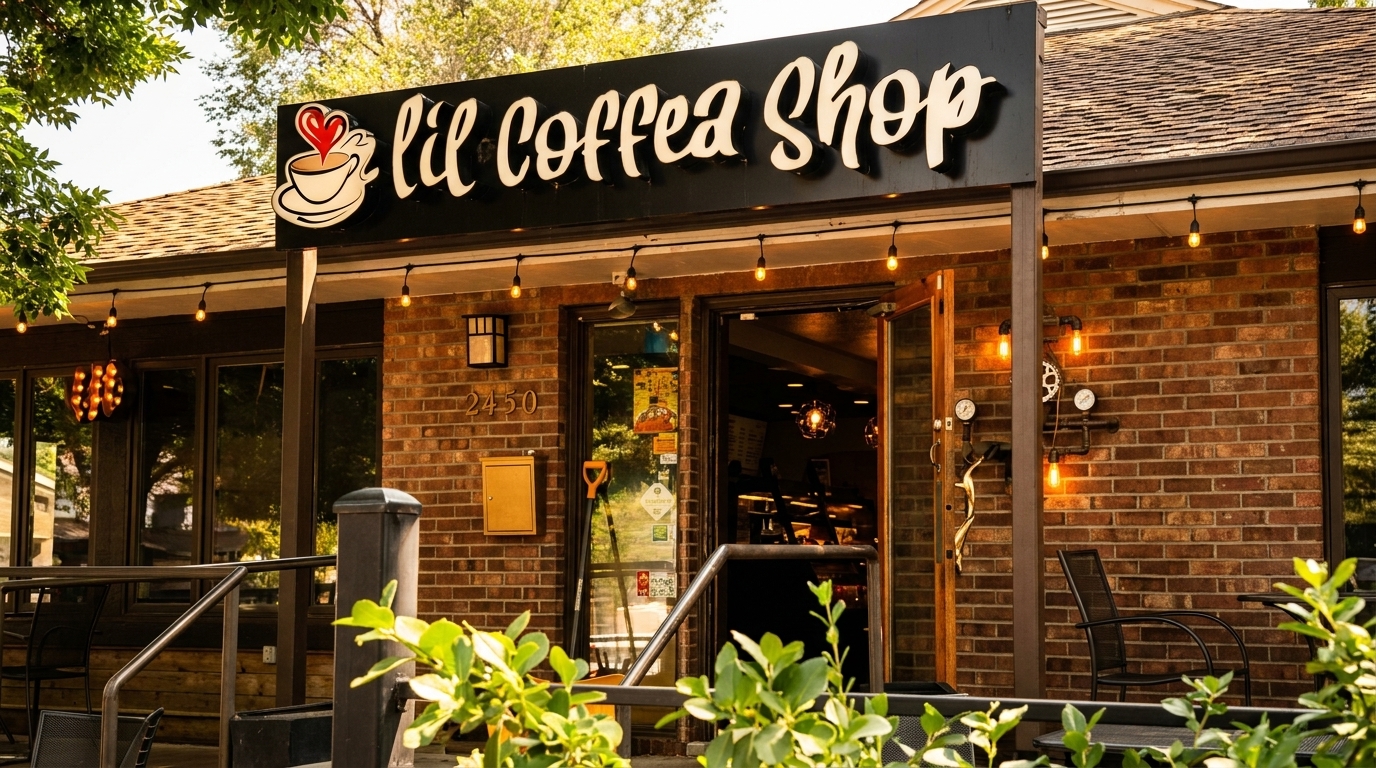 Exterior of Lil Coffee Shop with a brick facade, open door, and string lights.