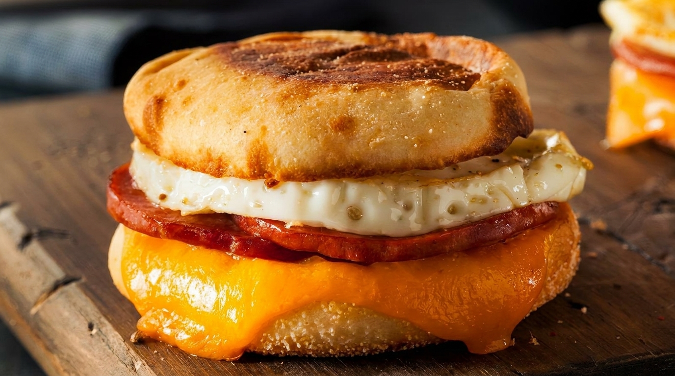 Breakfast sandwich with fried egg, sausage, and melted cheese on an English muffin.