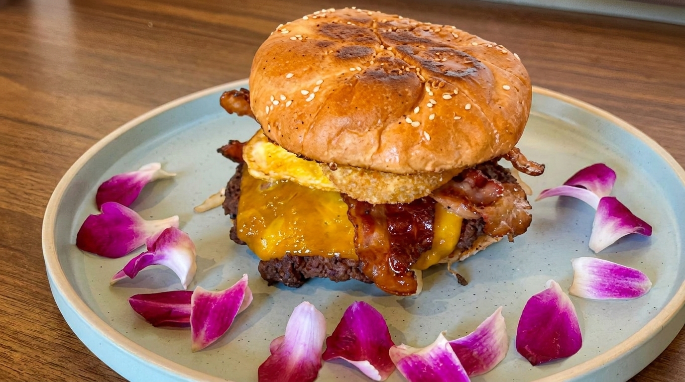A gourmet burger with melted cheese, bacon, and a fried egg, garnished with purple flower petals.