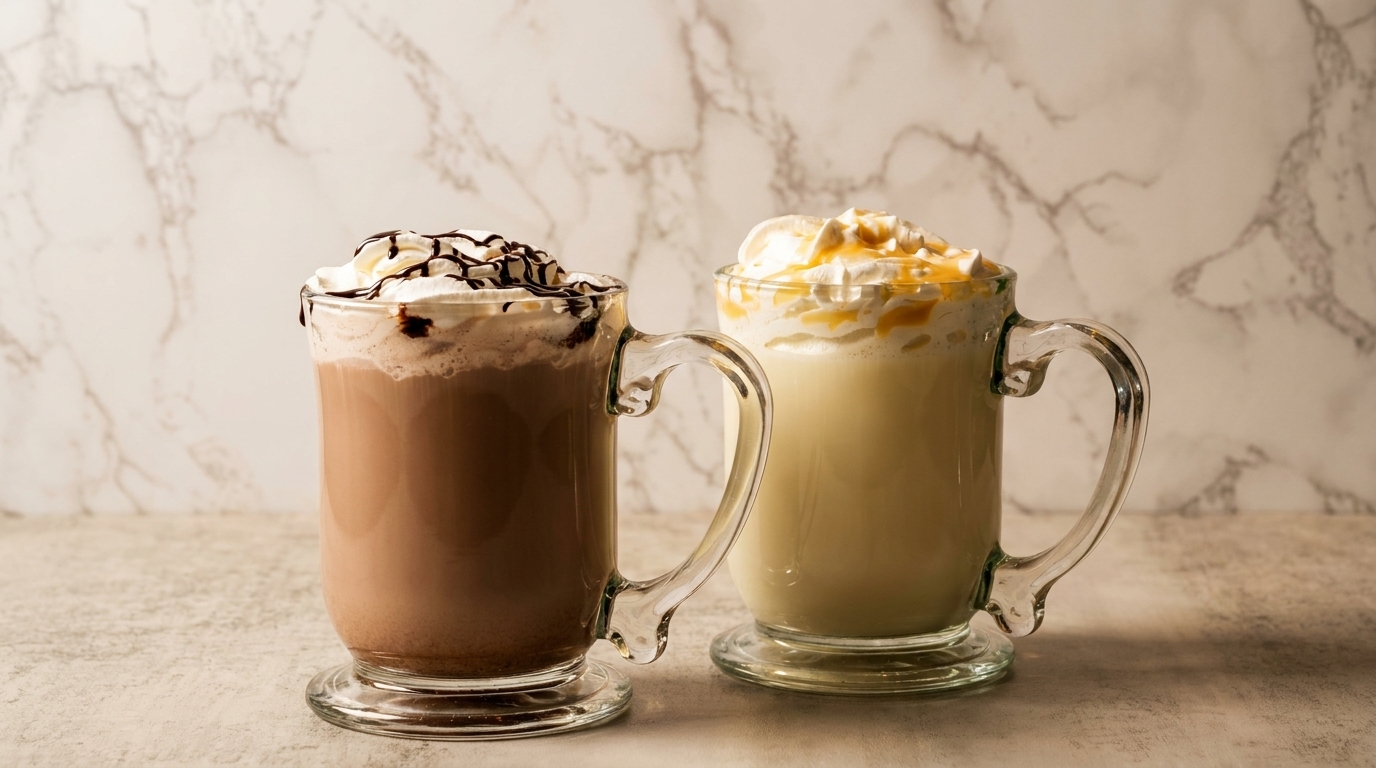 Two mugs of hot chocolate, one chocolate and one white, topped with whipped cream and drizzle.