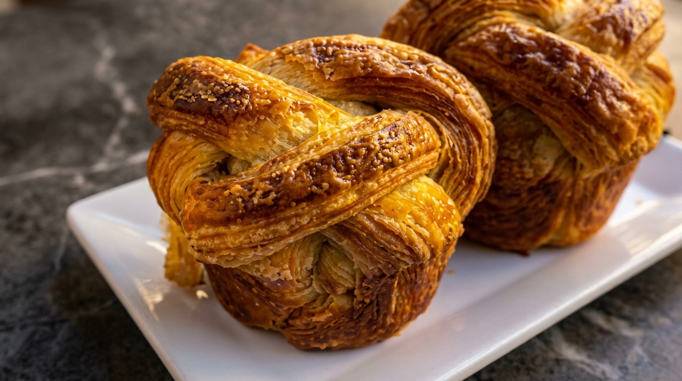 Two golden-brown braided pastries with a sugary glaze sit on a white rectangular plate.