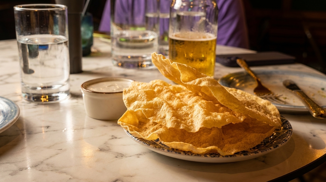 Crispy papadums and dipping sauce on a marble table with drinks and an empty plate.