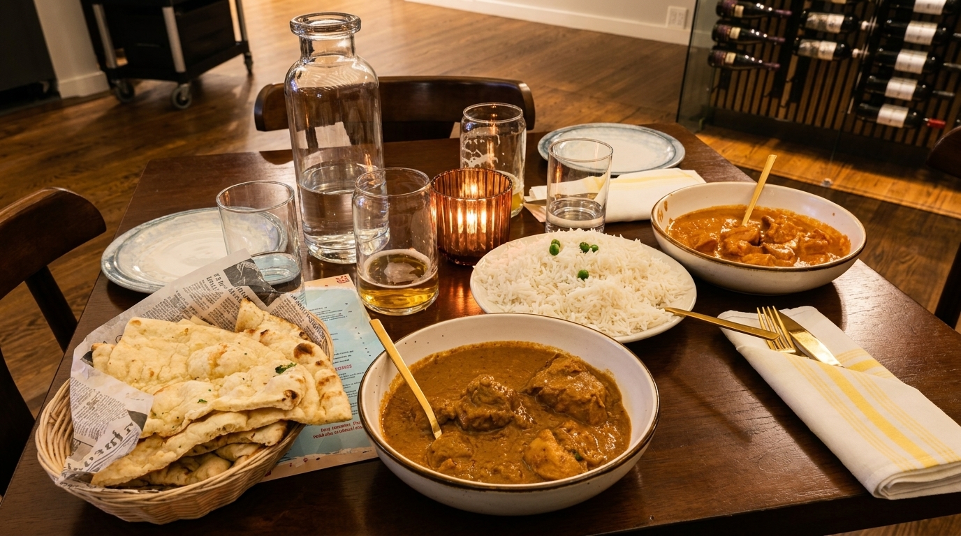 A table set with Indian dishes, including naan, rice, and two bowls of curry, with drinks.