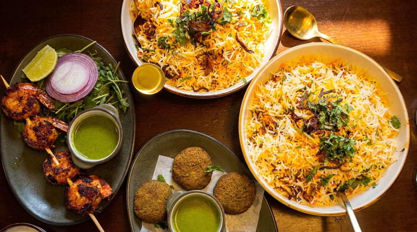 Overhead view of Indian dishes: shrimp skewers, falafel, and two bowls of biryani rice.