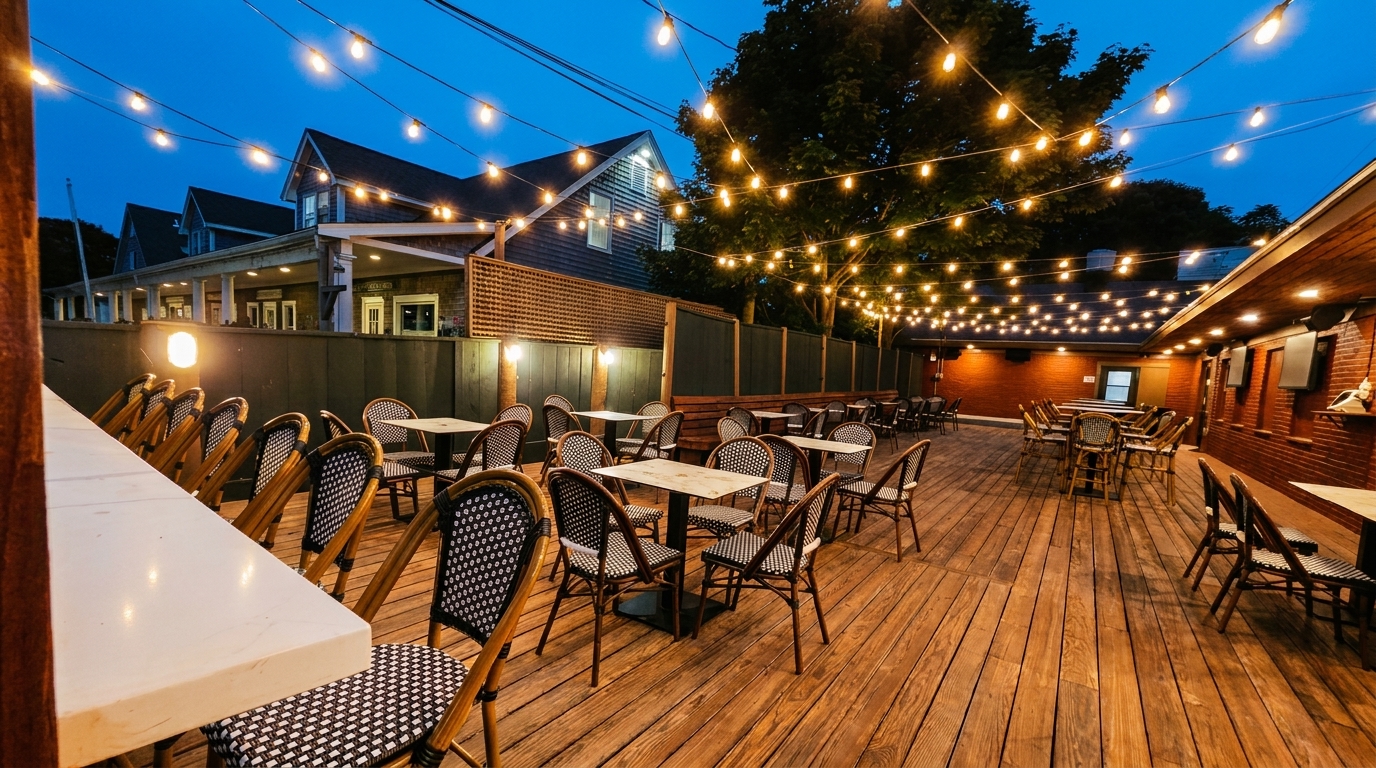 An outdoor restaurant patio at dusk, with string lights illuminating tables and chairs on a wooden deck.