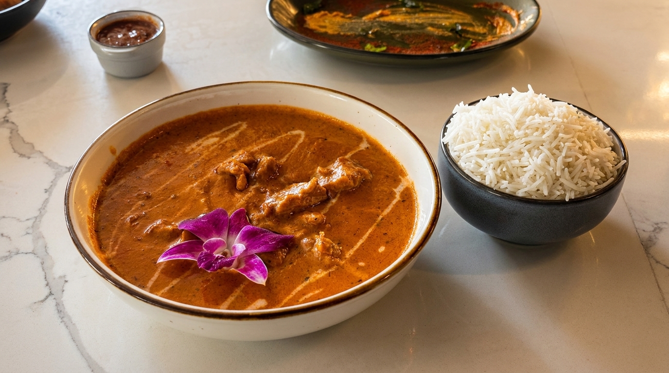 A bowl of butter chicken curry with a purple orchid, alongside a bowl of white rice.