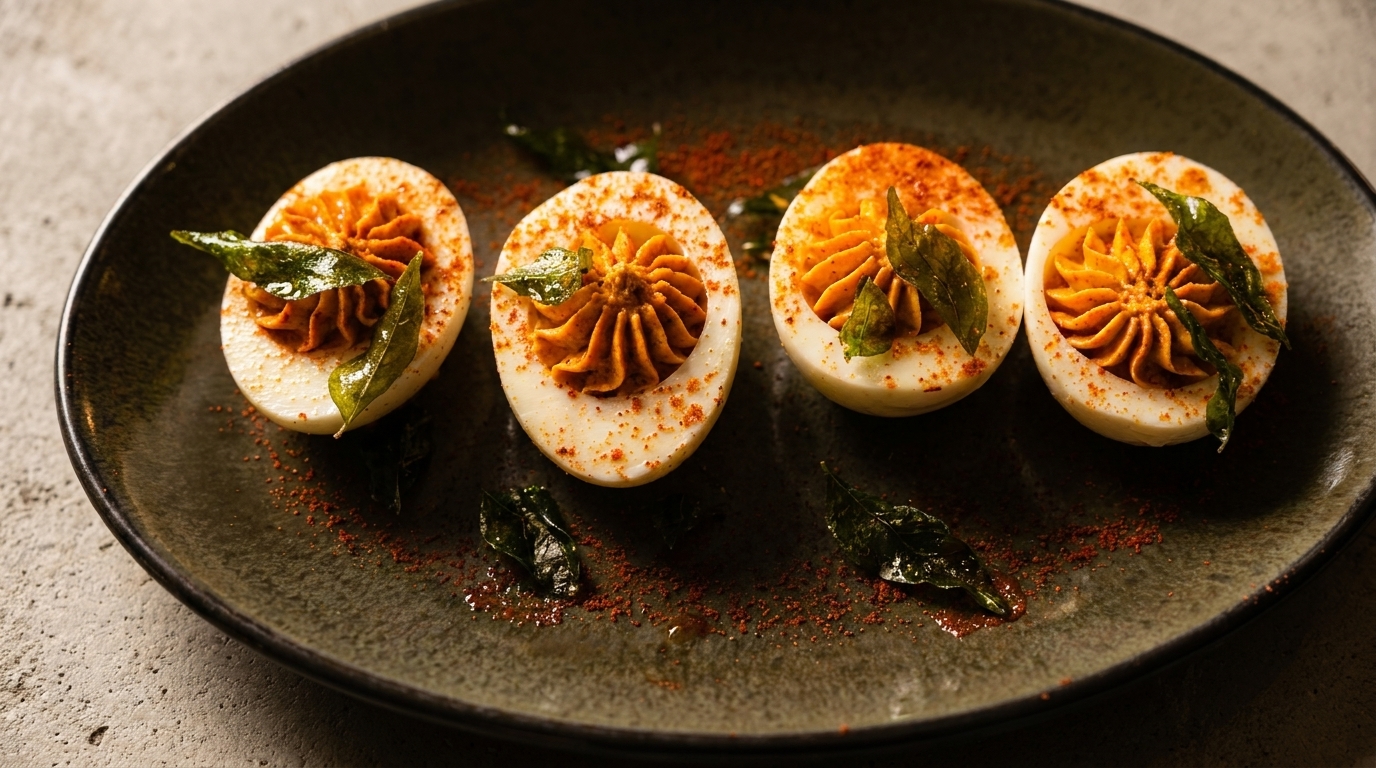 Four deviled eggs with spiced orange filling and green herb garnish on a dark plate.