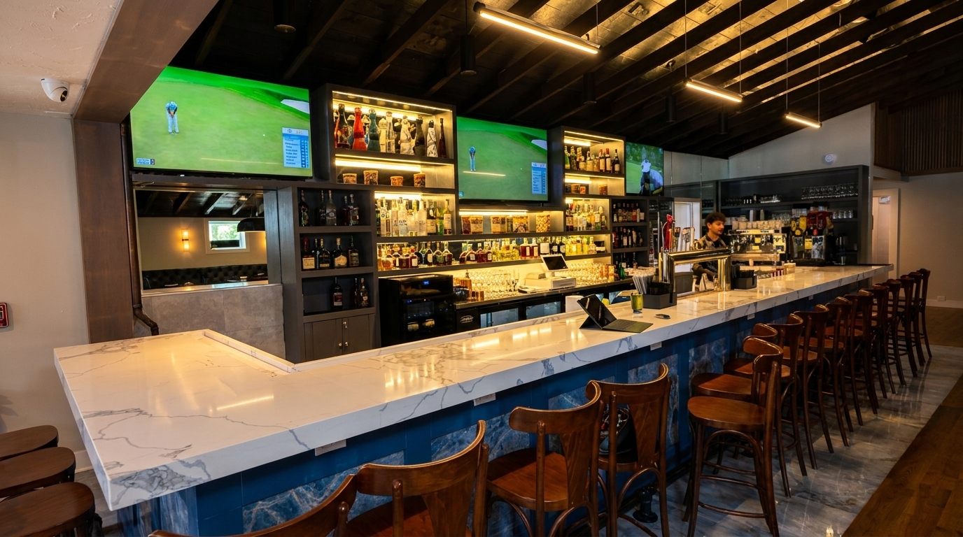 A modern bar with a white marble counter, blue base, wooden stools, and TVs showing golf.