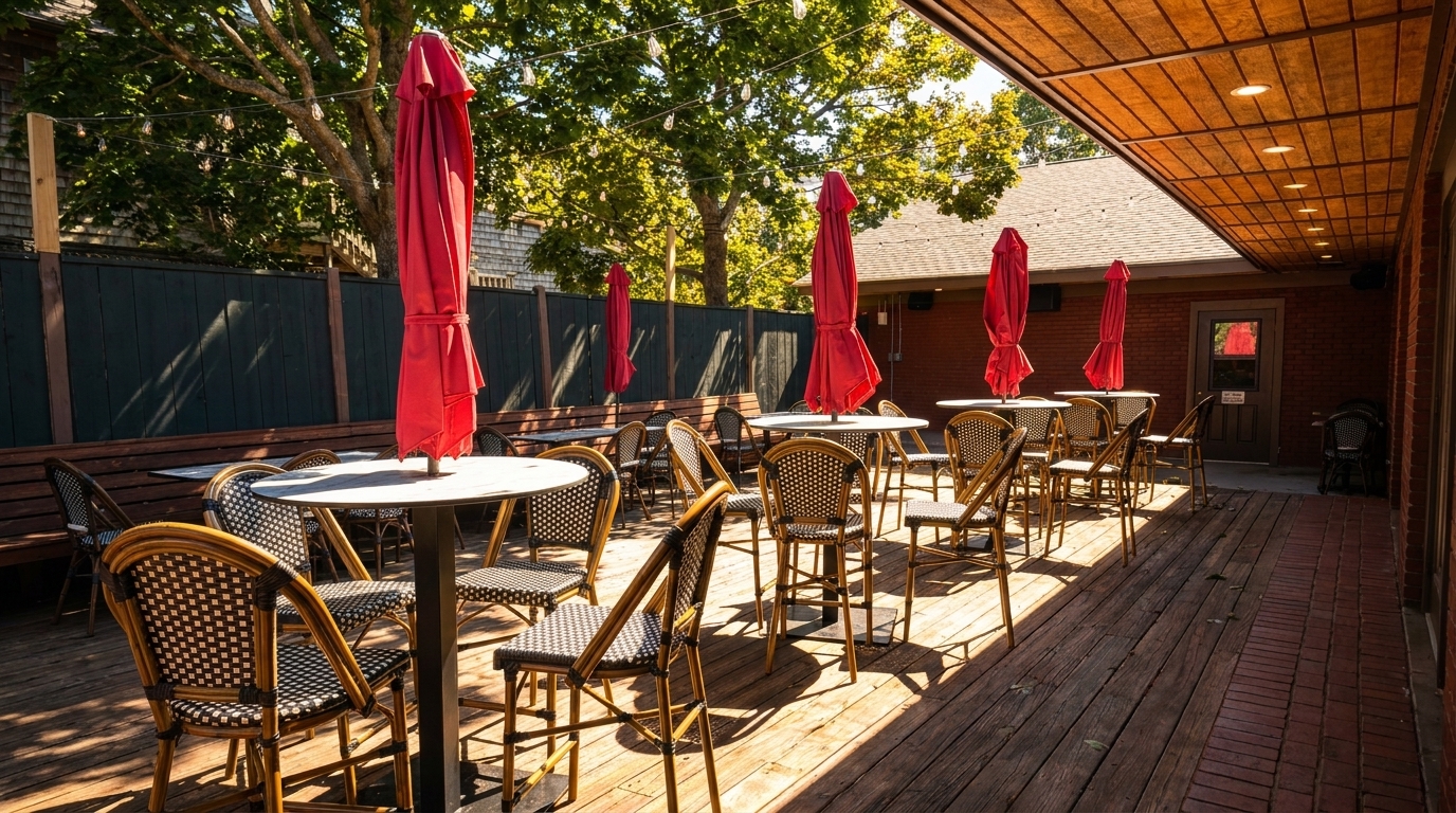 Outdoor patio with wooden deck, tables, wicker chairs, and red closed umbrellas under a tree canopy.