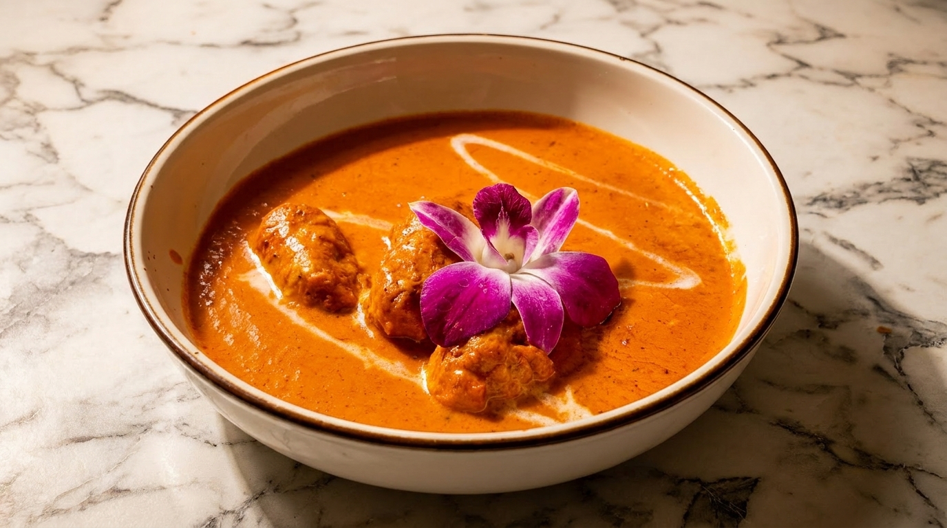 A bowl of orange curry with three pieces of chicken and a purple orchid garnish.