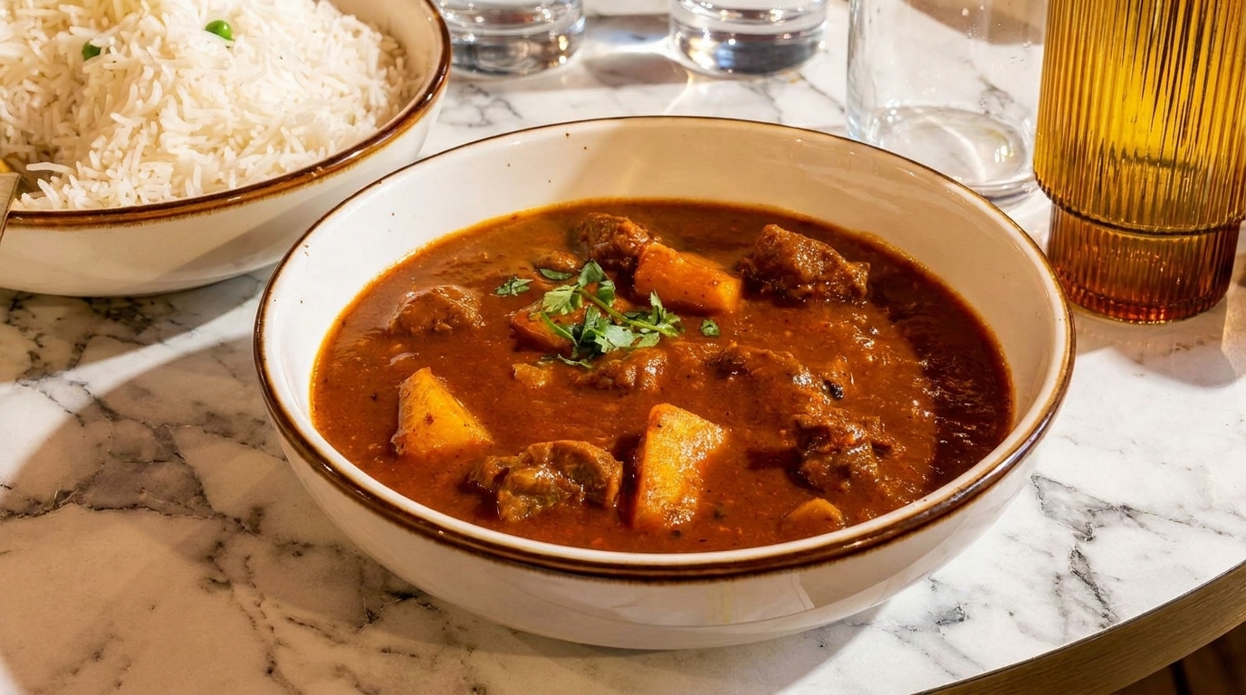 A bowl of rich, red curry with meat and potatoes, garnished with cilantro, next to white rice.