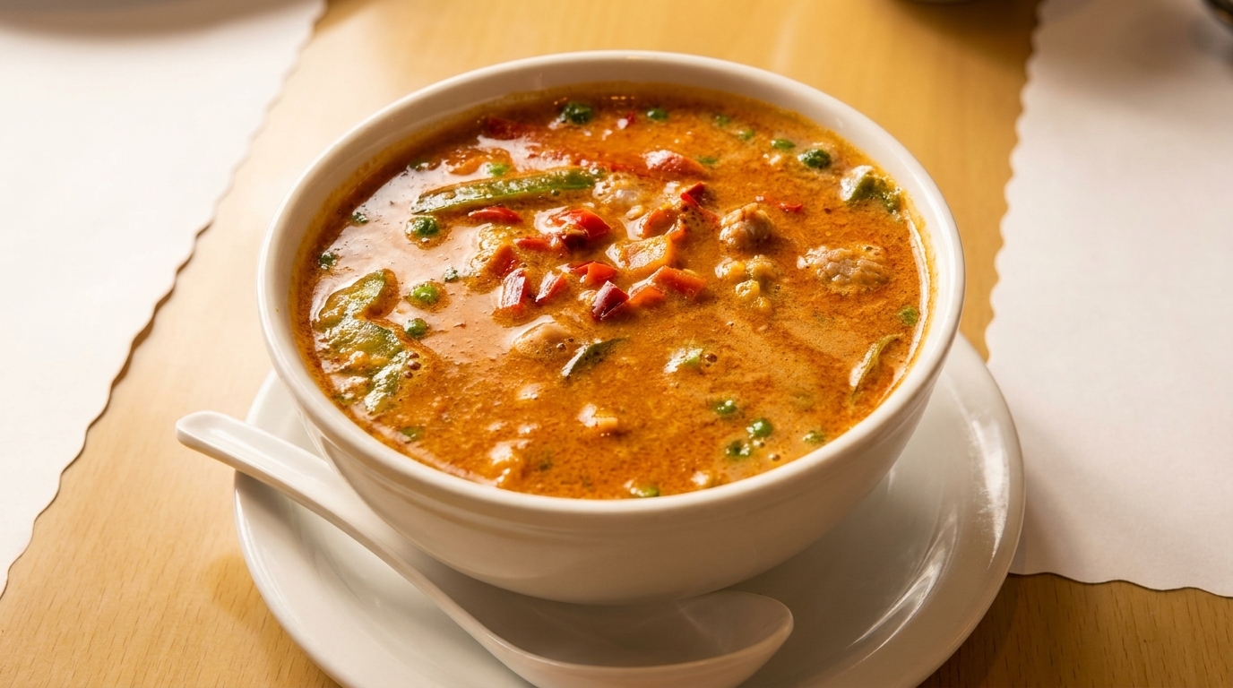 A bowl of vibrant orange curry with green peas, red peppers, and meat on a wooden table.