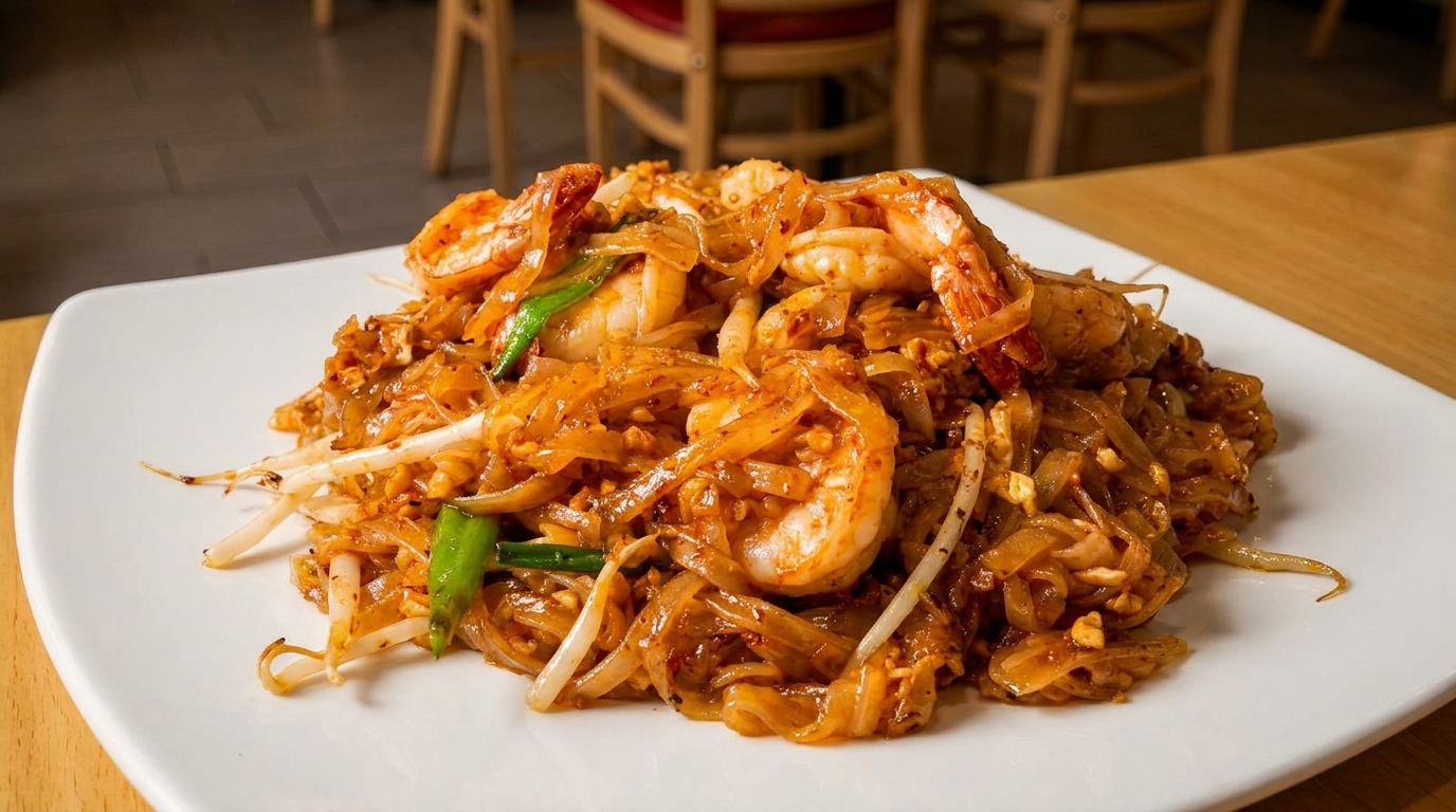 A close-up of a plate of shrimp Pad See Ew with bean sprouts and green onions.