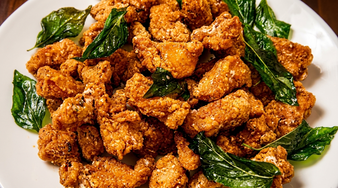 Close-up of crispy fried chicken pieces with green basil leaves on a white plate.
