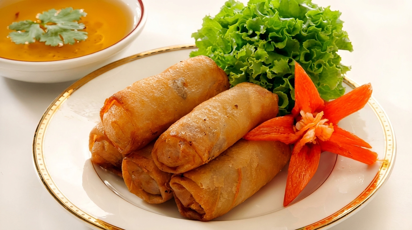 Golden fried spring rolls on a white plate with lettuce, a carved red pepper, and dipping sauce.