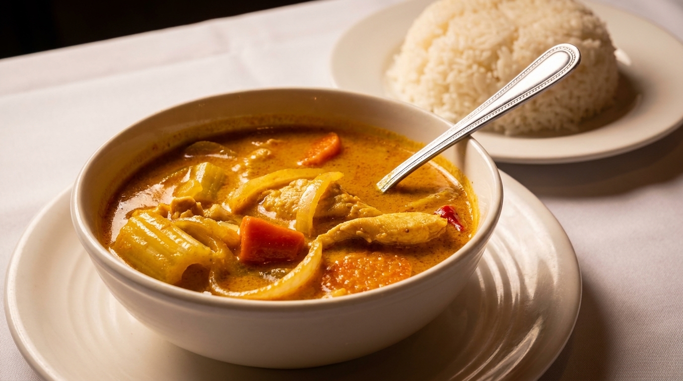 A bowl of yellow curry with chicken, vegetables, and a side of white rice.