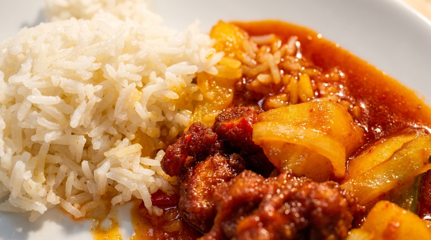 Close-up of white rice next to sweet and sour chicken with pineapple and peppers.