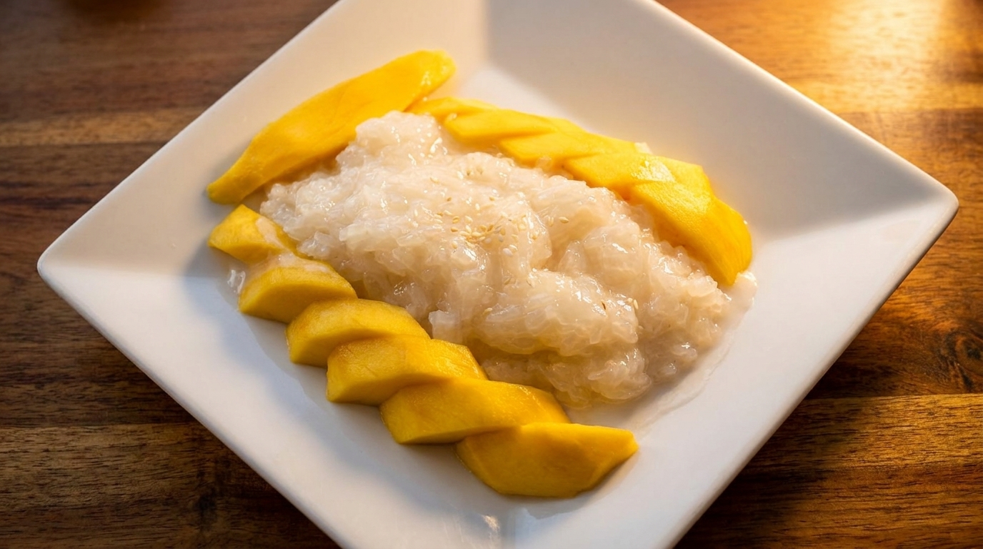Sweet sticky rice with fresh mango slices and sesame seeds on a white plate.