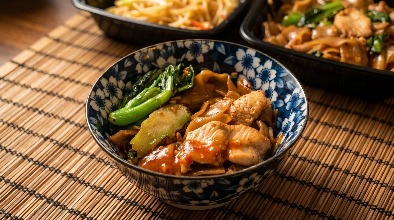 A blue and white bowl of Pad See Ew with chicken and Chinese broccoli on a bamboo mat.