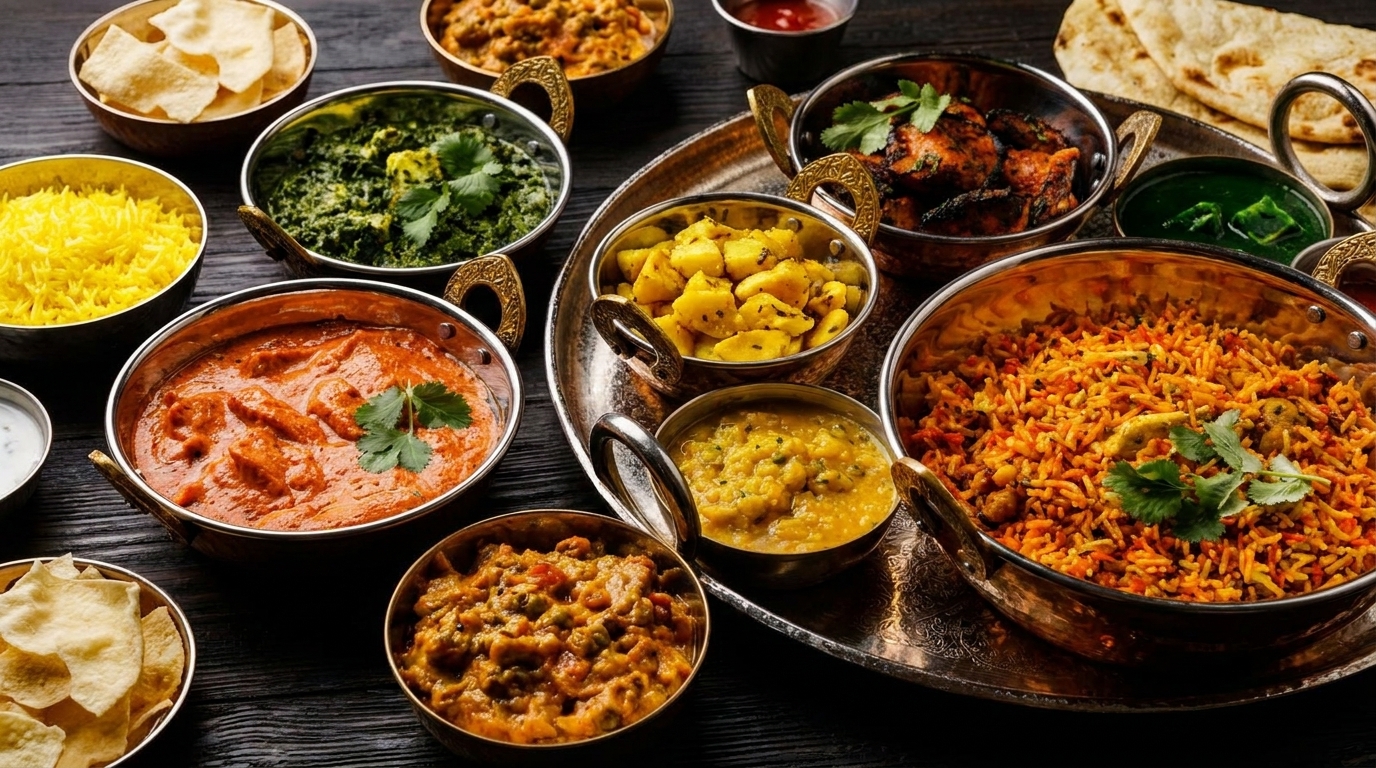 A variety of Indian dishes, including curries, rice, and flatbread, served in brass bowls.