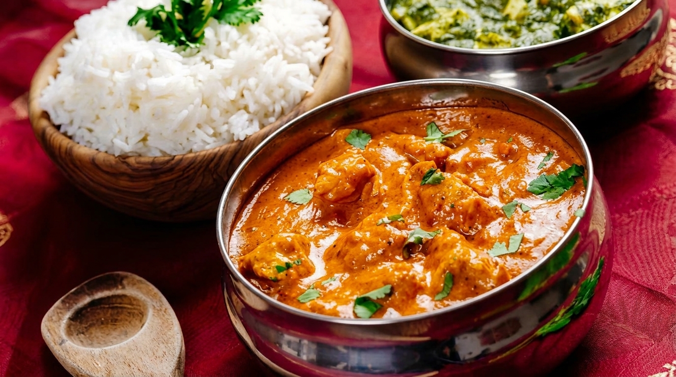 Indian butter chicken, rice, and palak paneer in metal bowls on a red patterned cloth.