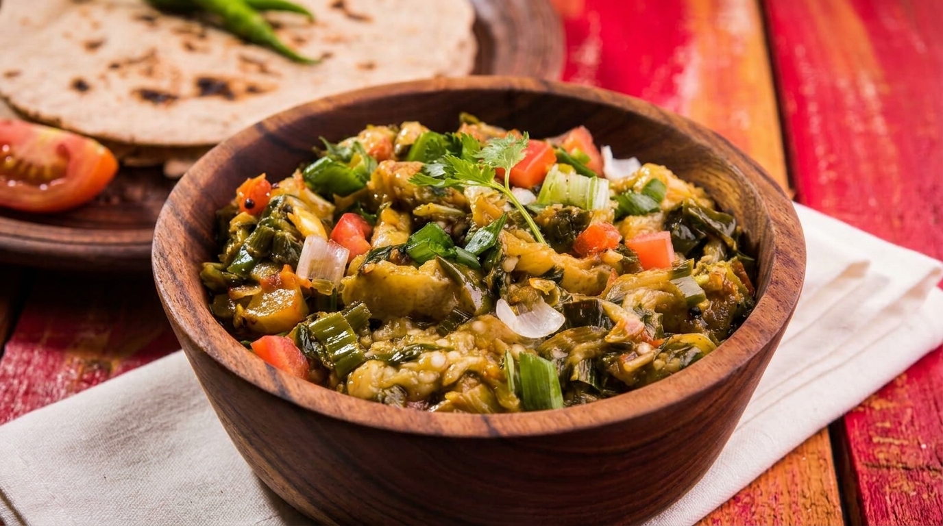 A wooden bowl of green vegetable curry with tomatoes and onions, with flatbread in the background.
