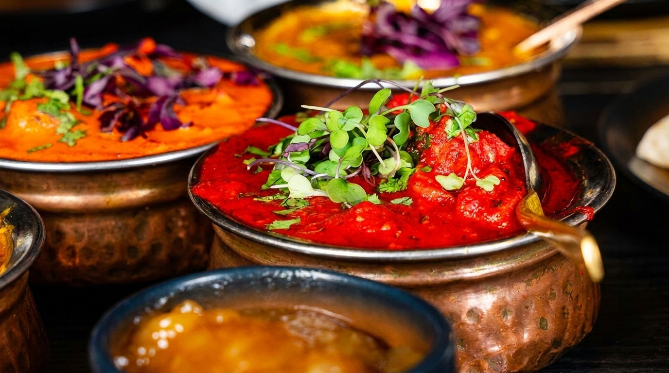 Close-up of vibrant Indian curries in copper bowls, garnished with fresh herbs.