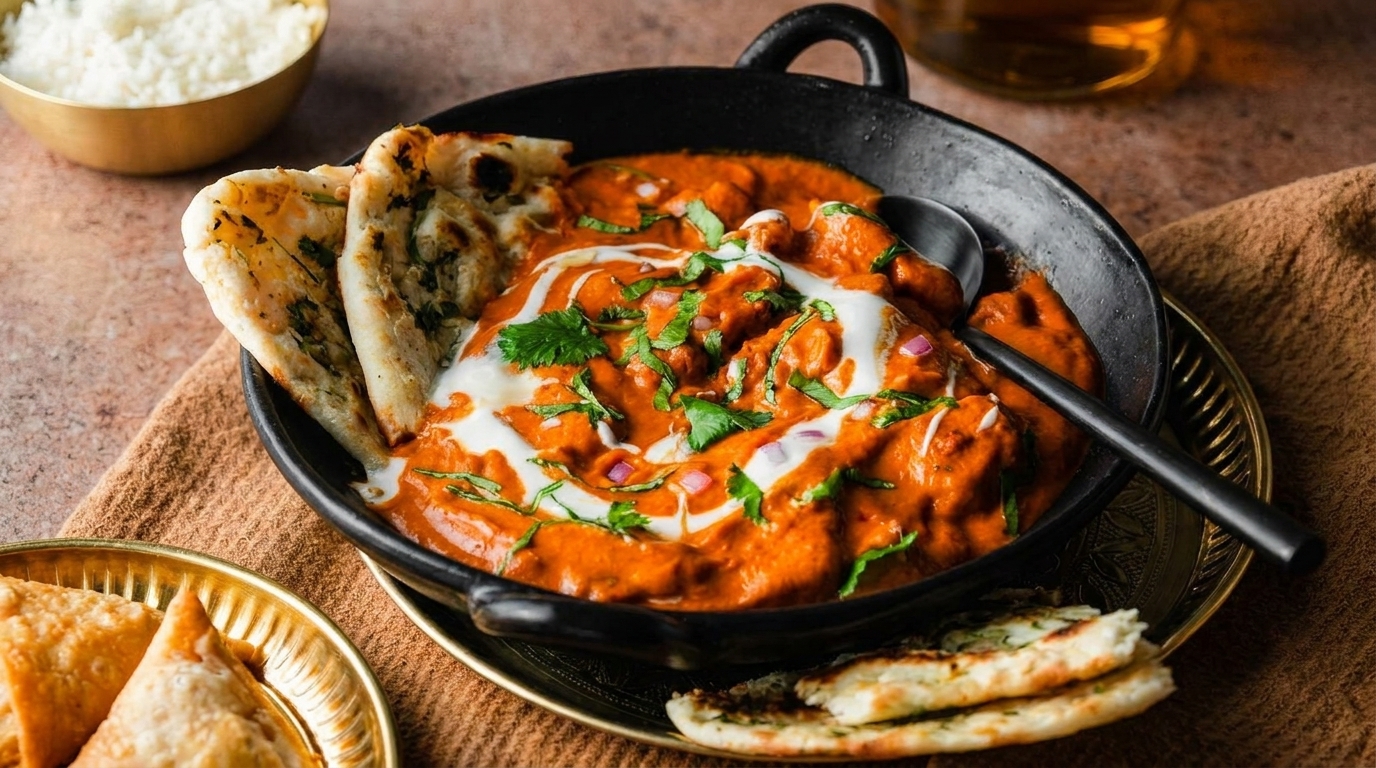 Butter chicken in a black bowl with naan bread, rice, and samosas on a brown tablecloth.