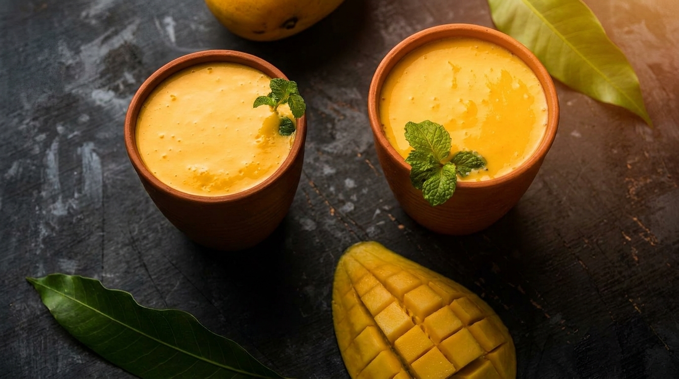 Two mango lassi drinks in clay cups with mint, a cut mango, and mango leaves.