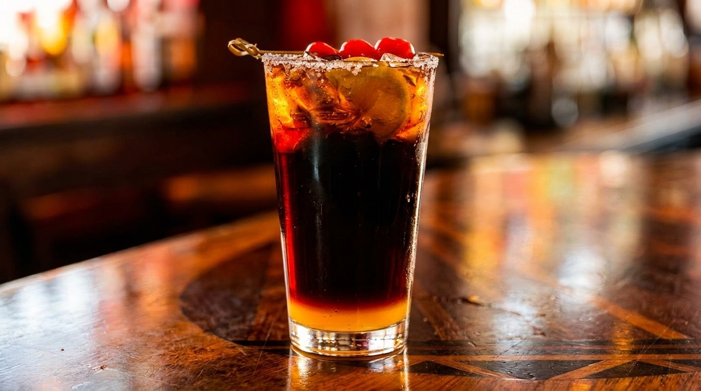 Dark cocktail with a yellow layer, garnished with cherries and a sugar rim on a wooden bar.