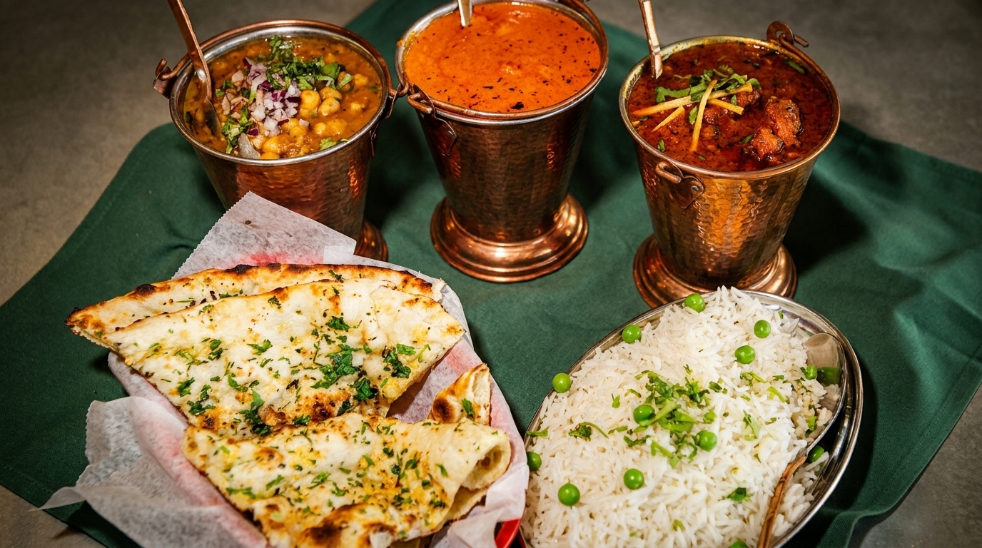 Three copper pots of Indian curry, with naan bread and rice with peas on a green tablecloth.